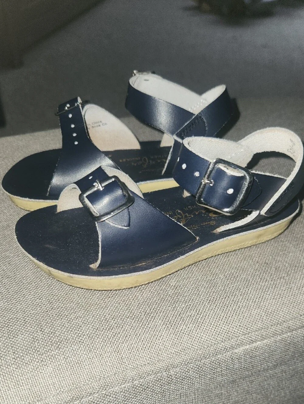 Kids Navy Leather Buckle Sandals